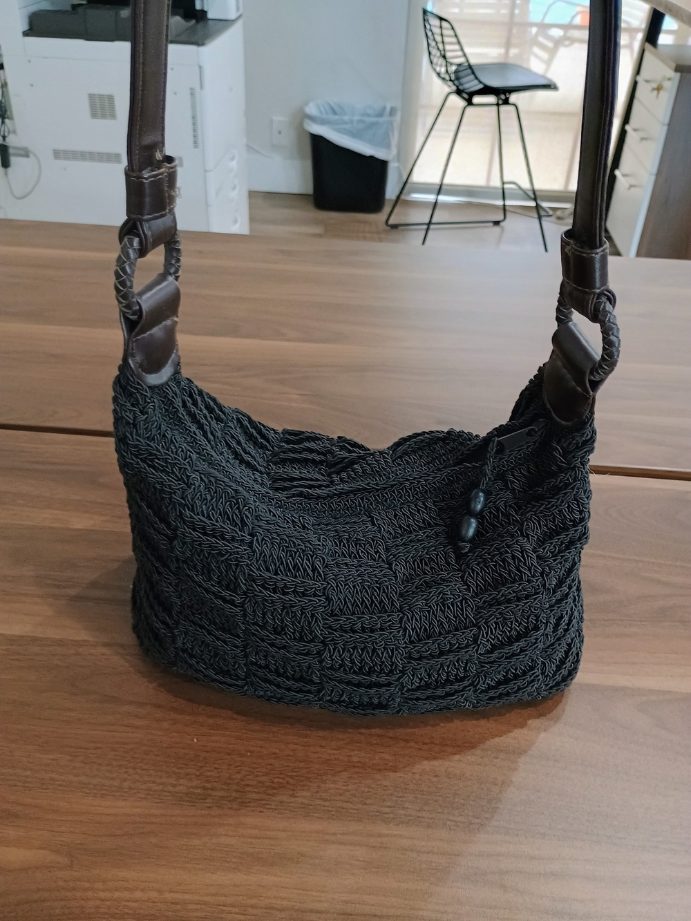 Relativity Black Crochet Shoulder Bag with Brown Straps